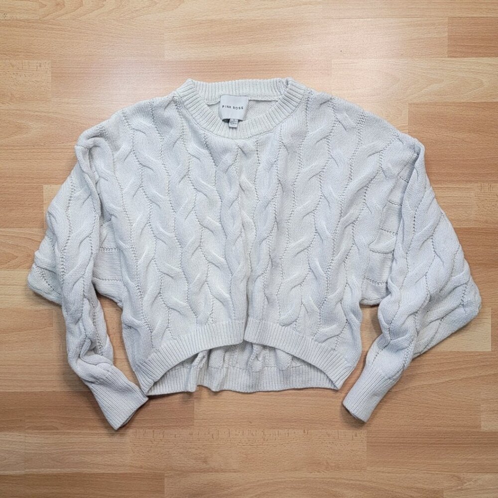 Pink Rose Juniors' Off-White Cable-Knit Cropped Crewneck Sweater | Size: Small